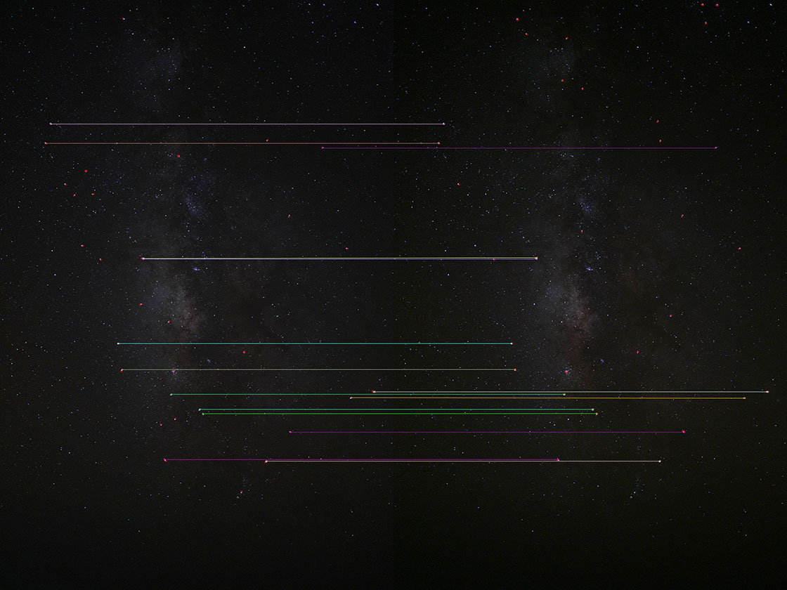 Figure 2: Detected corresponding stars in two distinct images (left/right). Visualization generated with opencv::features2d::draw_matches.