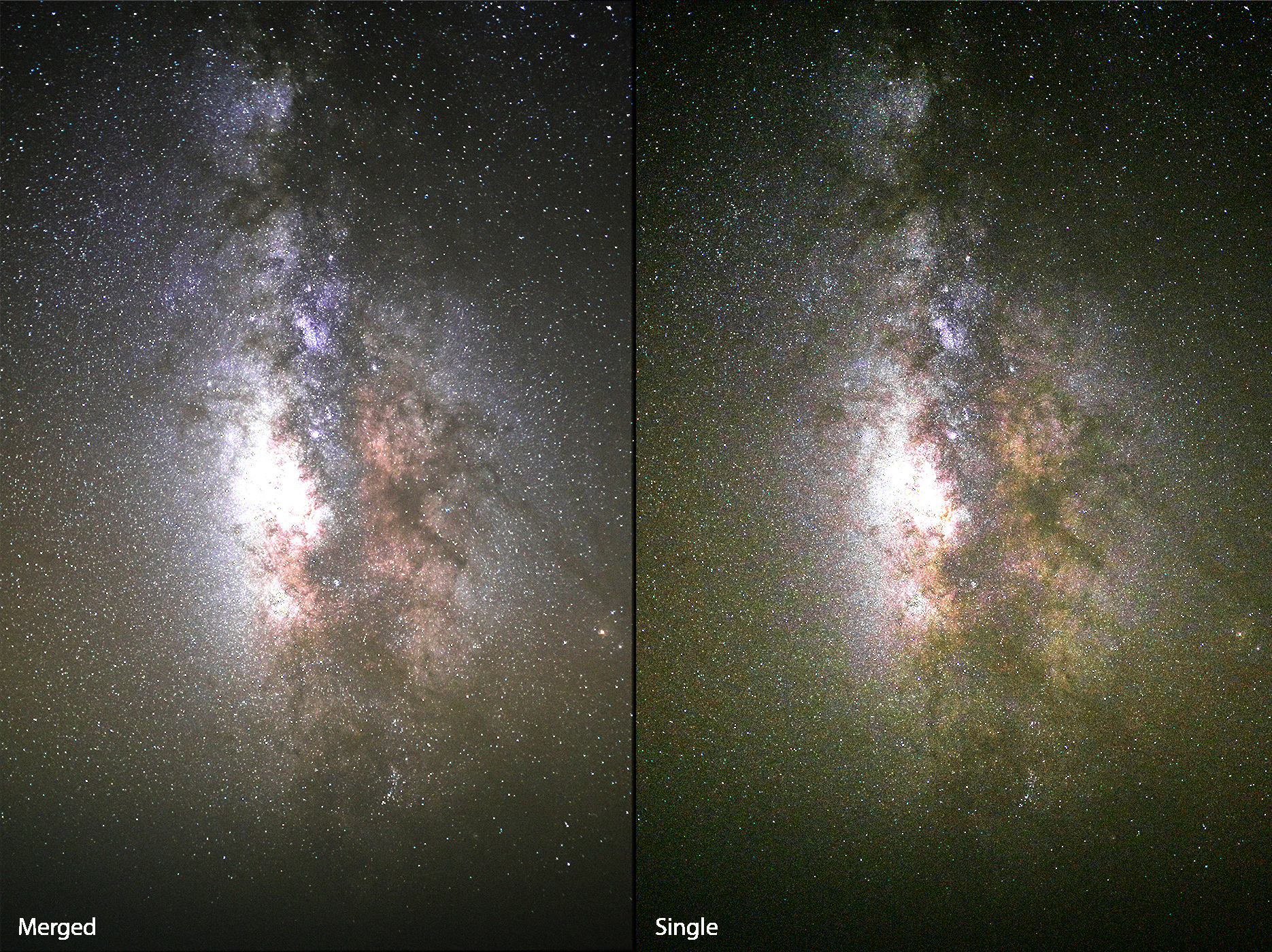 Figure 5: Increasing the brightness of both images equally reveals the achieved noise reduction.